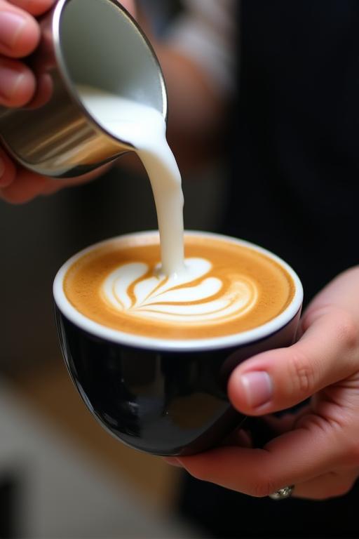 A skilled barista creating intricate latte art with milk in a coffee cup