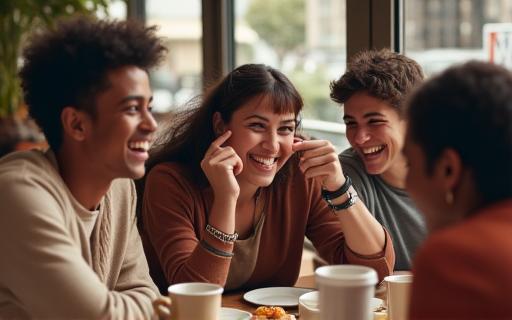 A diverse group of friends joyful and laughing together over coffee at a warm, inviting cafe table